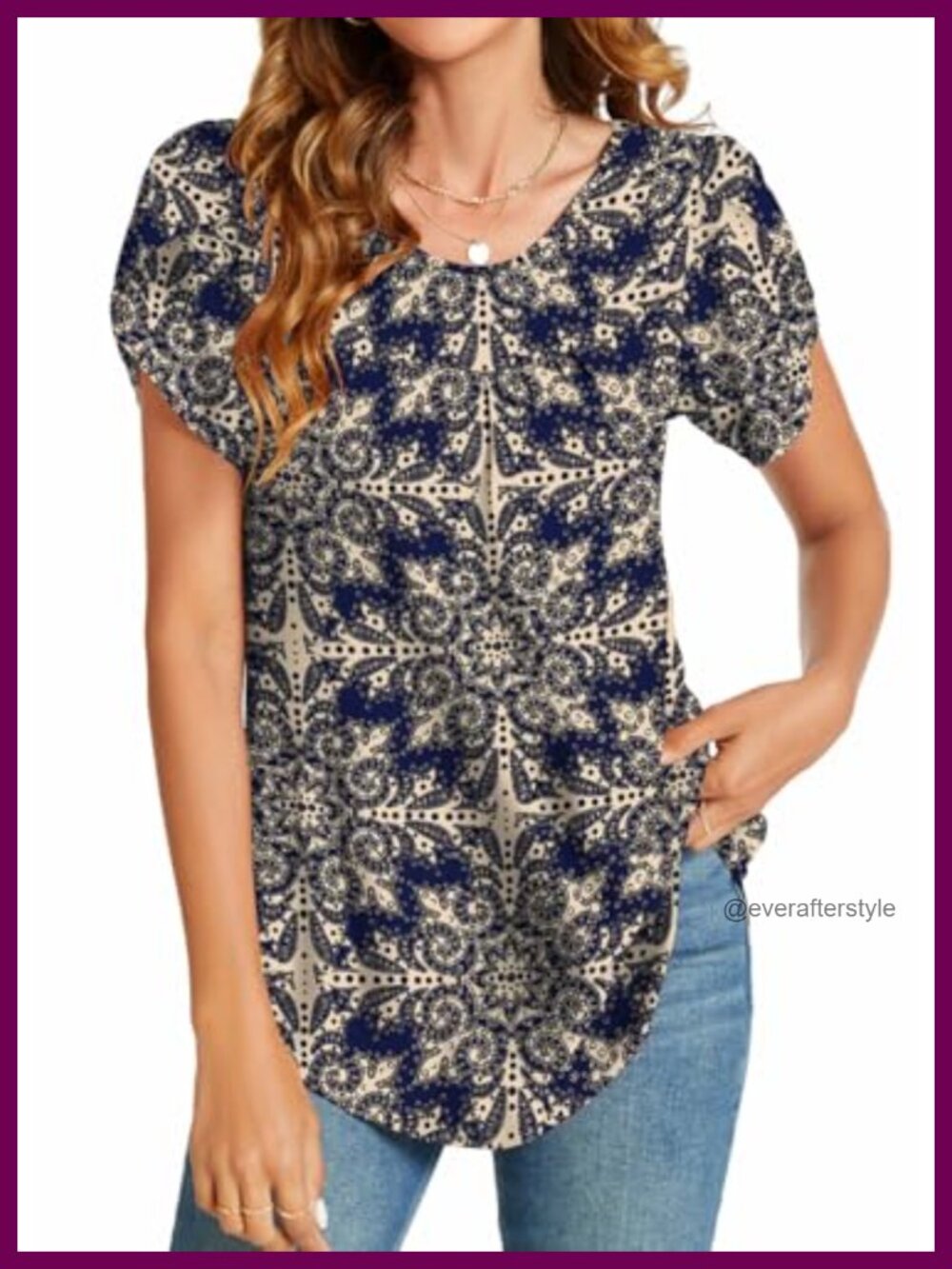 Women's Tunic Top Short Sleeve Loose Fit Scoop Neck Floral Boho Casual Summer
